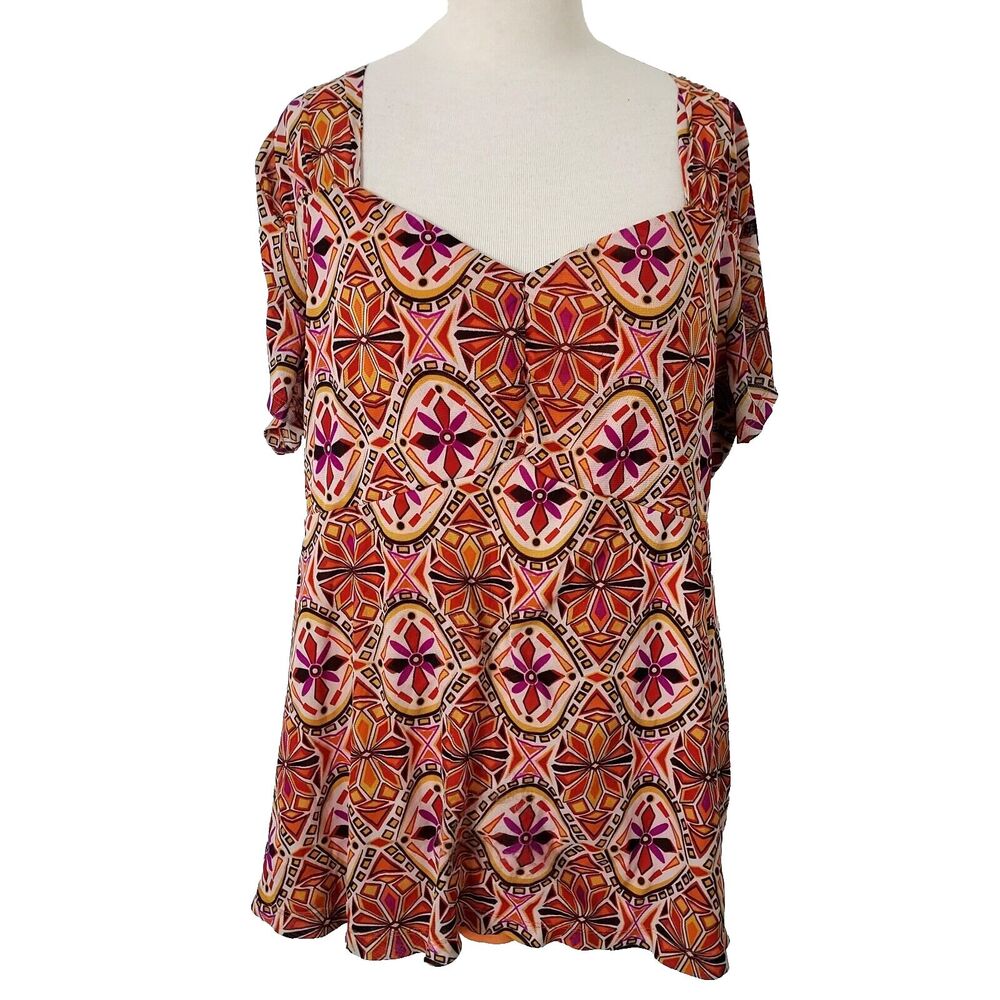 Venezia Shirt Top Womens 22 24 Comfy Stretch Short Sleeves Lined Orange Purple